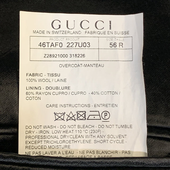 GUCCI Size 46 Black Wool Velvet Collar Hidden Buttons Long Over Coat