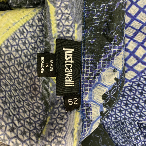 JUST CAVALLI Size L Blue & Yellow Print Silk French Cuff Long Sleeve Shirt