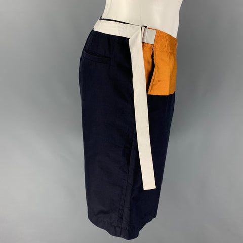 DRIES VAN NOTEN Size 32 Navy Gold Color Block Cotton Drawstring Shorts