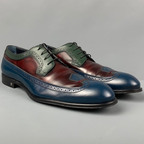 LOUIS VUITTON Size 11.5 Blue Burgundy Color Block Leather Lace Up Shoes