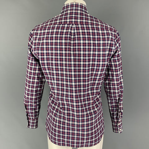 BRUNELLO CUCINELLI Size S Navy Burgundy Plaid Button Down Long Sleeve Shirt