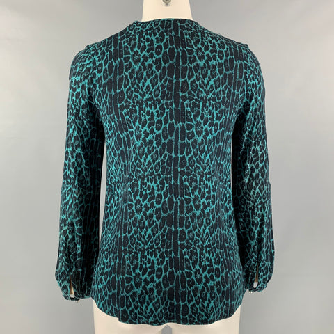 ZIMMERMANN Size 4 Cobalt &  Black Rayon Animal Print Long Sleeve Blouse