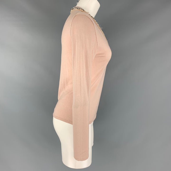 ROBERTO CAVALLI Size M Pink Cashmere Silk Rhinestones V-Neck Pullover