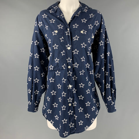 PERRY ELLIS Taille S Chemise à poches plaquées étoiles en coton blanc marine