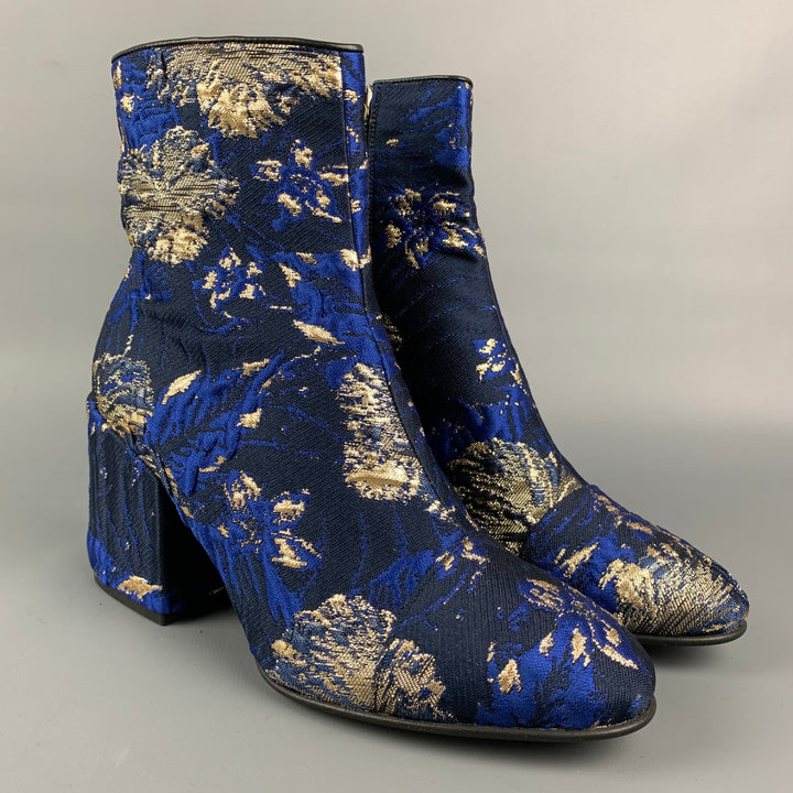 DRIES VAN NOTEN Size 6 Navy & Gold Jacquard Ankle Boots