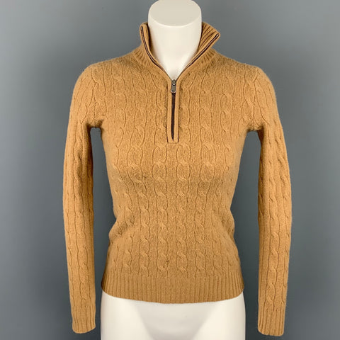 RALPH LAUREN Black Label Talla XS Suéter de cachemir con media cremallera y punto de cable color camel