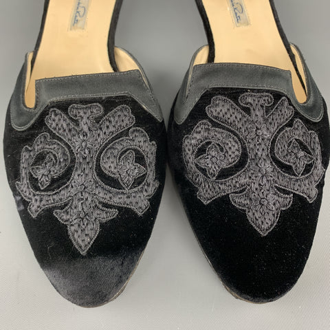 OSCAR DE LA RENTA Zapatos planos tipo mula de terciopelo bordado negro talla 10