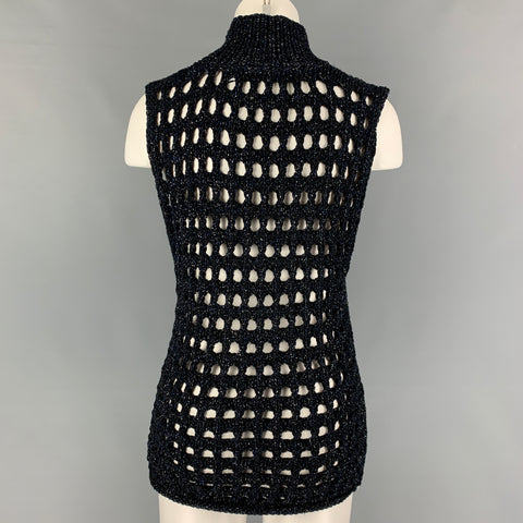 IRO Size M Black Blue Silver Knitted Cotton Blend Mock Neck Vest
