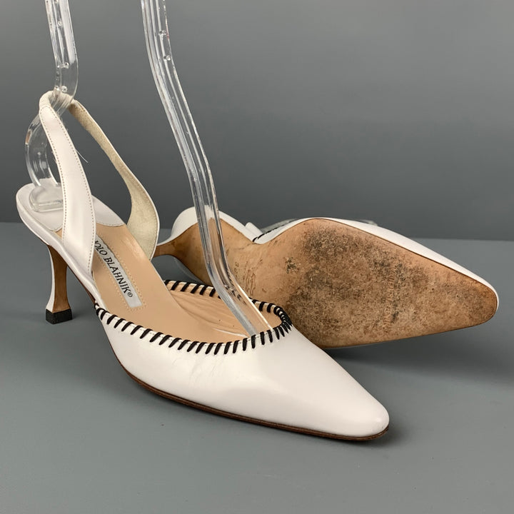 MANOLO BLAHNIK Size 6.5 White Leather Slingback Pumps