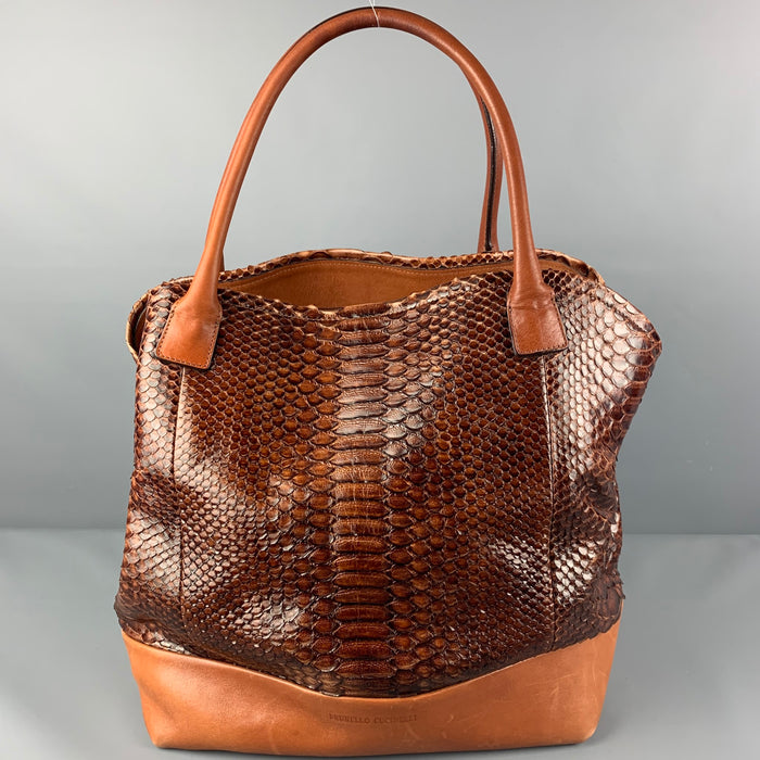BRUNELLO CUCINELLI Cognac Mixed Leathers Calfskin Tote Handbag