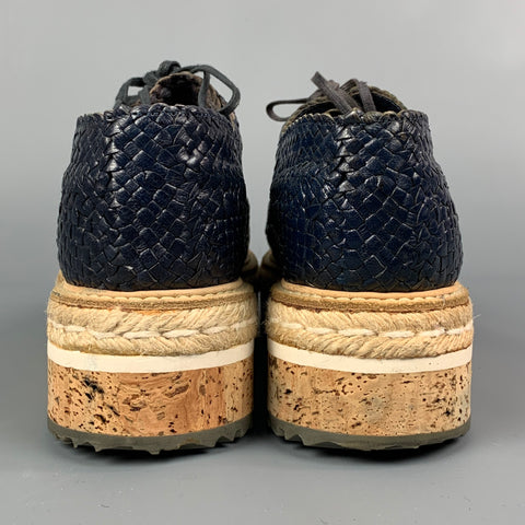 PRADA Size 10 Navy Woven Leather Cork Platform Dress Shoes