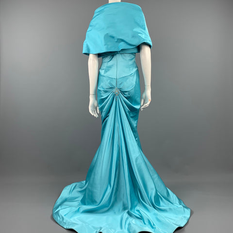 REEM ACRA Size M Blue Silk Strapless Beaded Gown & Bolero Shrug