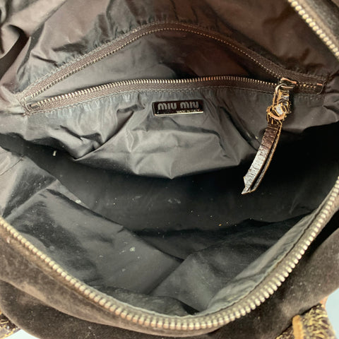 MIU MIU Brown Distressed Velvet Satchel Leather Handbag