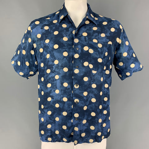 Vintage WILKE RODRIGUEZ Size M Blue White Polka Dot Rayon Short Sleeve Shirt