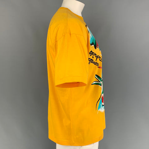 Vintage KANSAI YAMAMOTO Size L Yellow Multi-Color Graphic Cotton Short Sleeve T-shirt