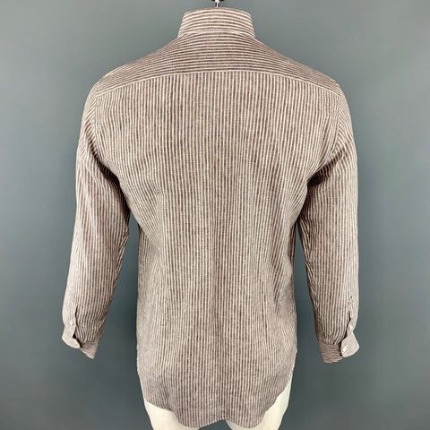 CANALI Size M Brown Stripe Linen Spread Collar Pocket Long Sleeve Shirt