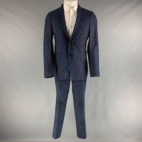 ETRO Chest Size 38 Navy Blue Paisley Wool Notch Lapel 32 31 Suit