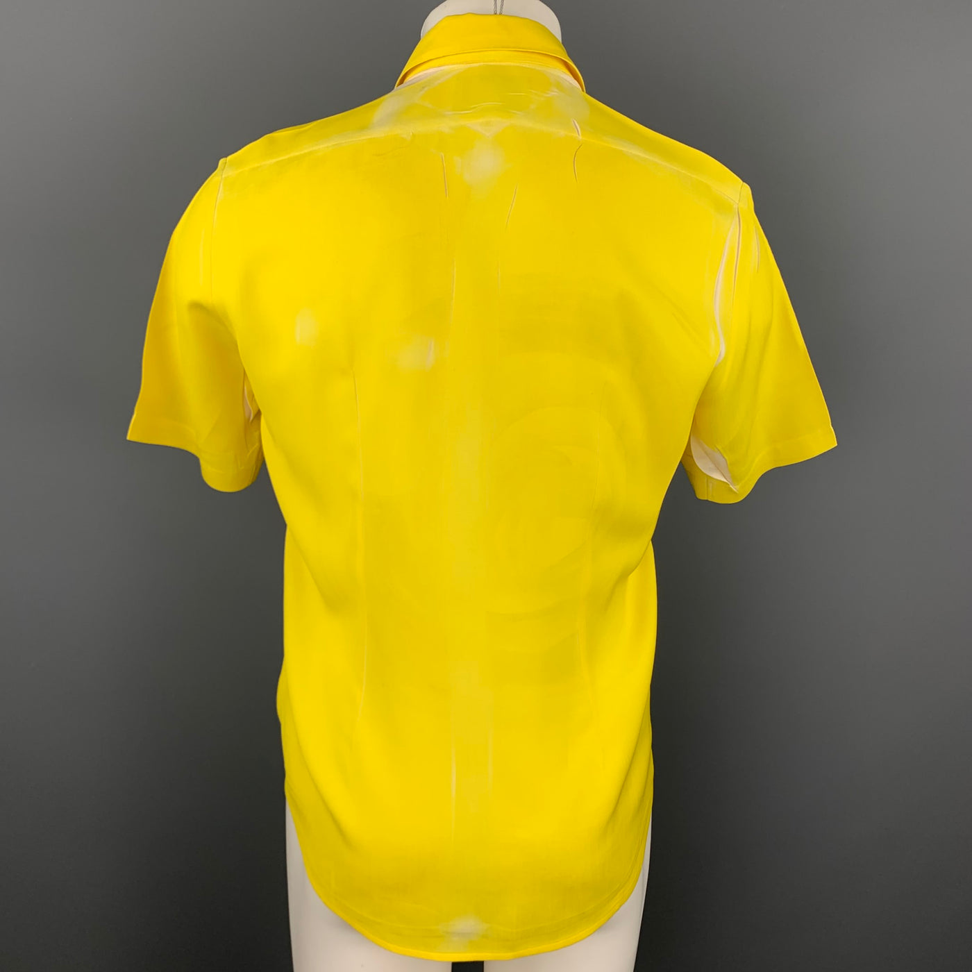 CHRISTOPH BROICH Size M Yellow Graphic Polyester Button Up Short Sleeve Shirt