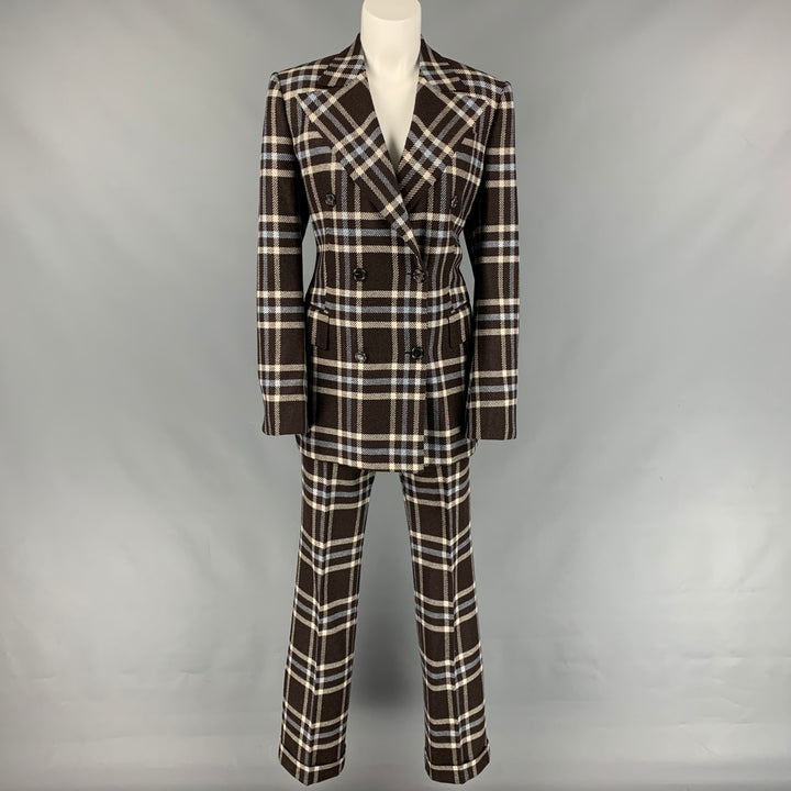KITON Size 6 Brown & Blue Cashmere Plaid Double Breasted Pants Suit