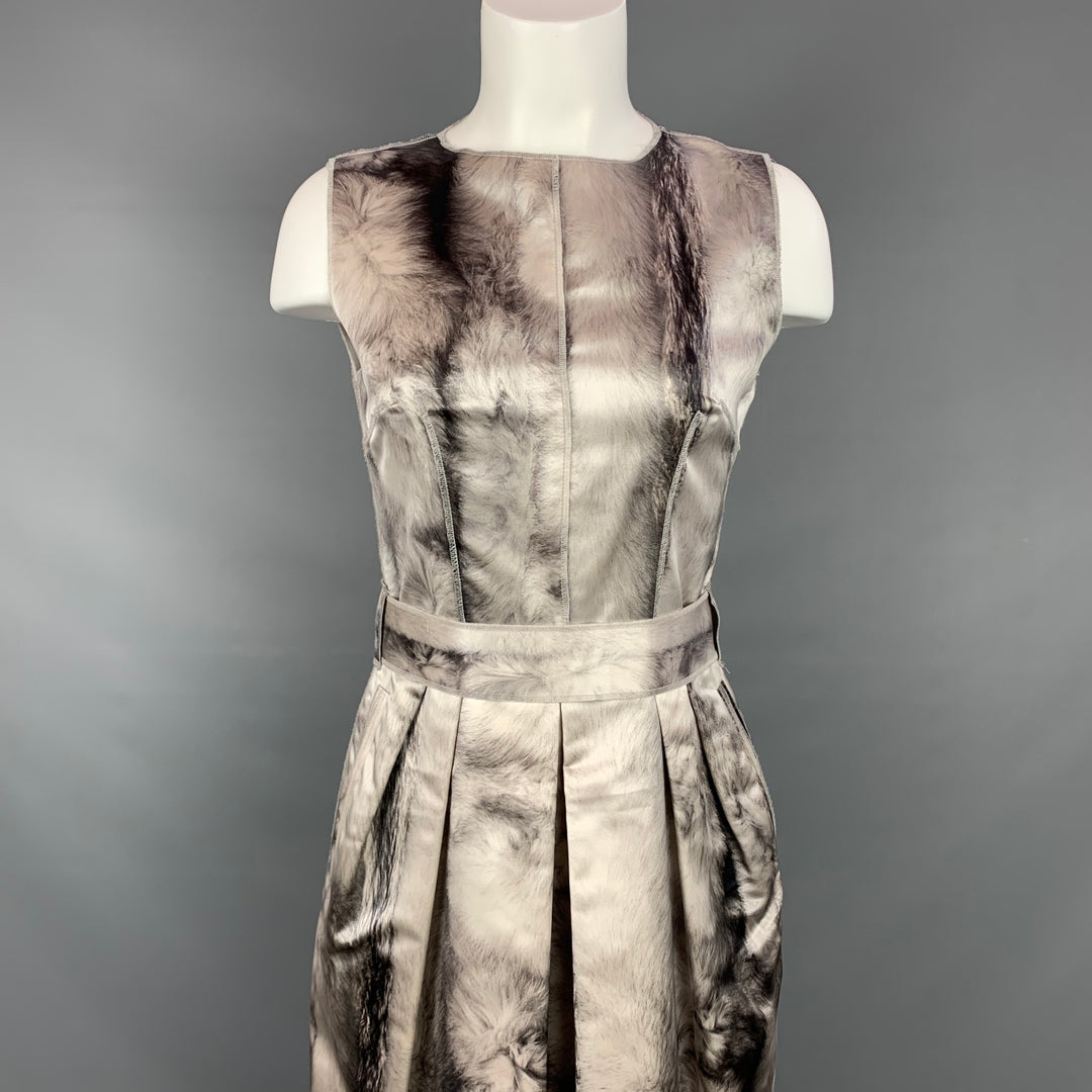 DOLCE & GABBANA Size 4 Cream & Grey Fur Print Silk Cocktail Dress