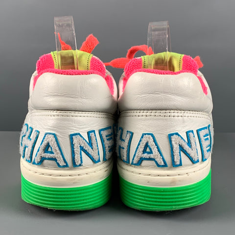 CHANEL Size 11 White Multi-Color Leather Lace Up Sneakers