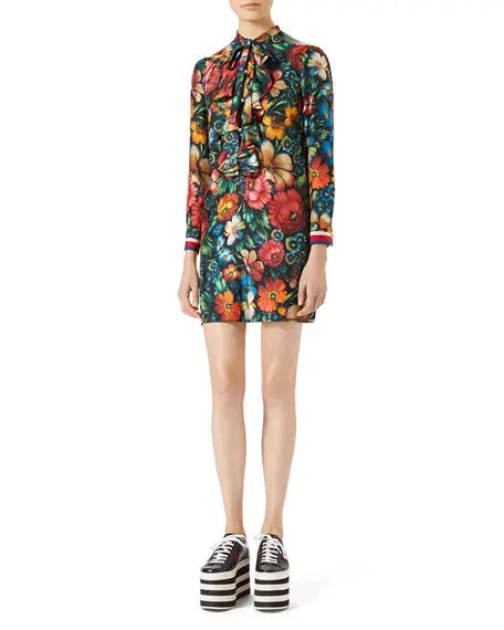 GUCCI by Alessandro Michele Size 6 / IT 42 Floral Silk Ruffled Bow Collar Dress GUCCI