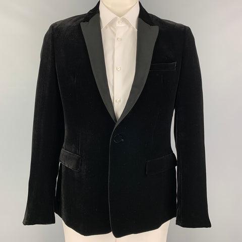 EMPORIO ARMANI Size 44 Black Velvet Viscose Silk Peak Lapel Sport Coat