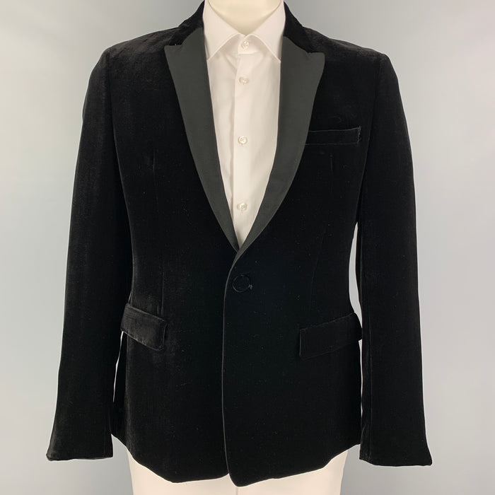 EMPORIO ARMANI Talla 44 Abrigo deportivo con solapa de pico de seda, viscosa y terciopelo negro
