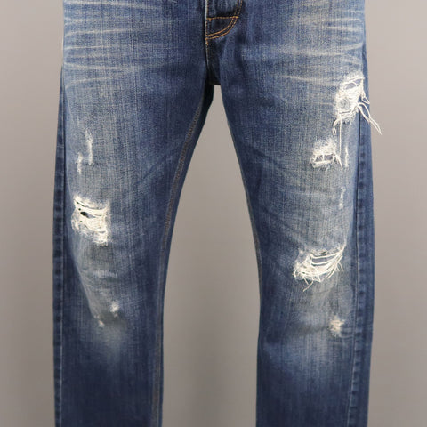 RAF by RAF SIMONS Size 34 Indigo Distressed Denim Button Fly Jeans