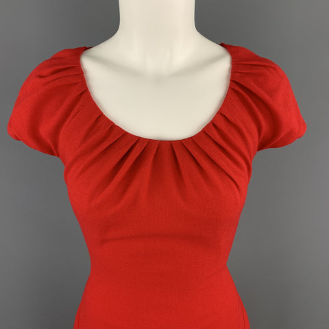 REEM ACRA Size 4 Red Silk Crepe Ruched Collar Lace Back Sheath Dress