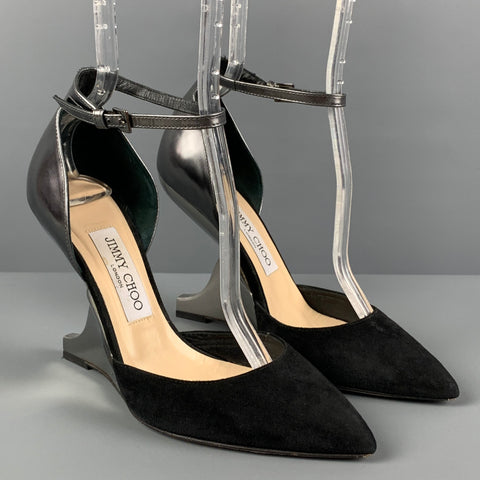 JIMMY CHOO Talla 7.5 Zapatos de tacón con correa al tobillo en negro y plateado