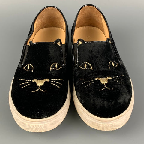 CHARLOTTE OLYMPIA Size 7 Black Velvet Leather Trim Slip On Sneakers