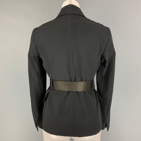 PRADA Size 4 Black Polyester Leather Belted Jacket