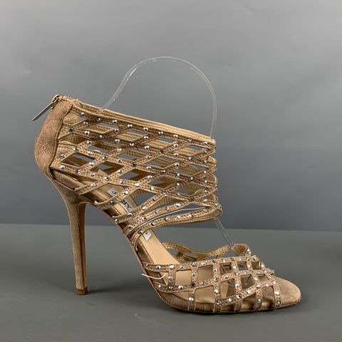 JIMMY CHOO Talla 10 Sandalias tobilleras con pedrería de ante dorado beige