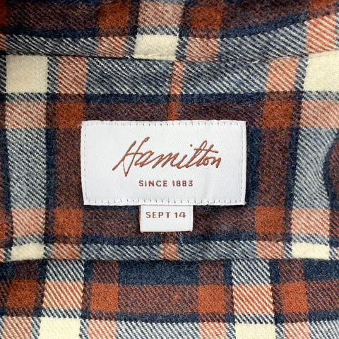 HAMILTON Size L Navy & Brick Plaid Brushed Cotton Button Down Long Sleeve Shirt