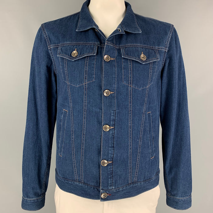 BRUNELLO CUCINELLI Size 44 Indigo Contrast Stitch Cotton Trucker Jacket