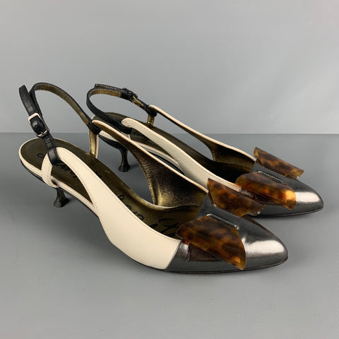 LANVIN Talla 9 Zapatos de tacón de gatito de cuero plateado color crema