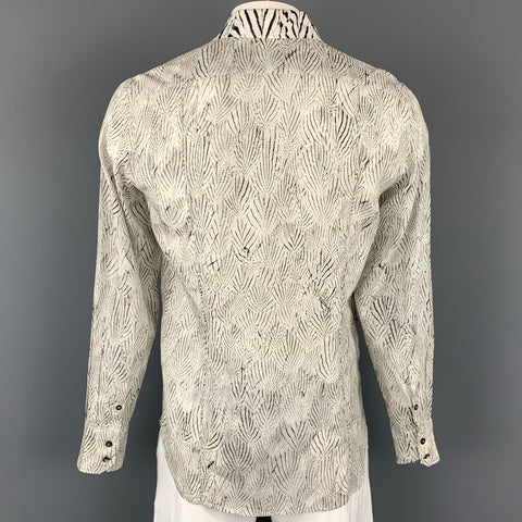 ROBERTO CAVALLI Size L White & Black Print Cotton / Silk Long Sleeve Shirt