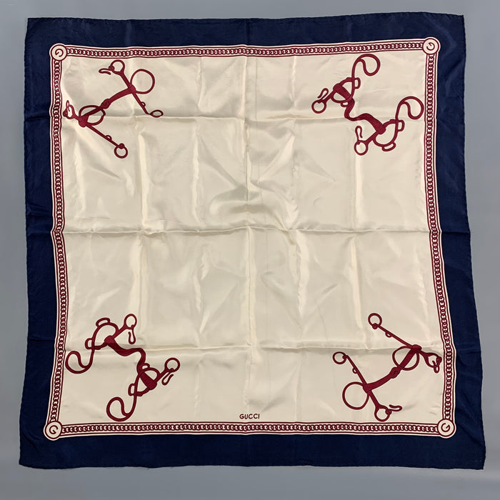 Vintage GUCCI Cream Navy Burgundy Equestrian Silk Twill Scarf