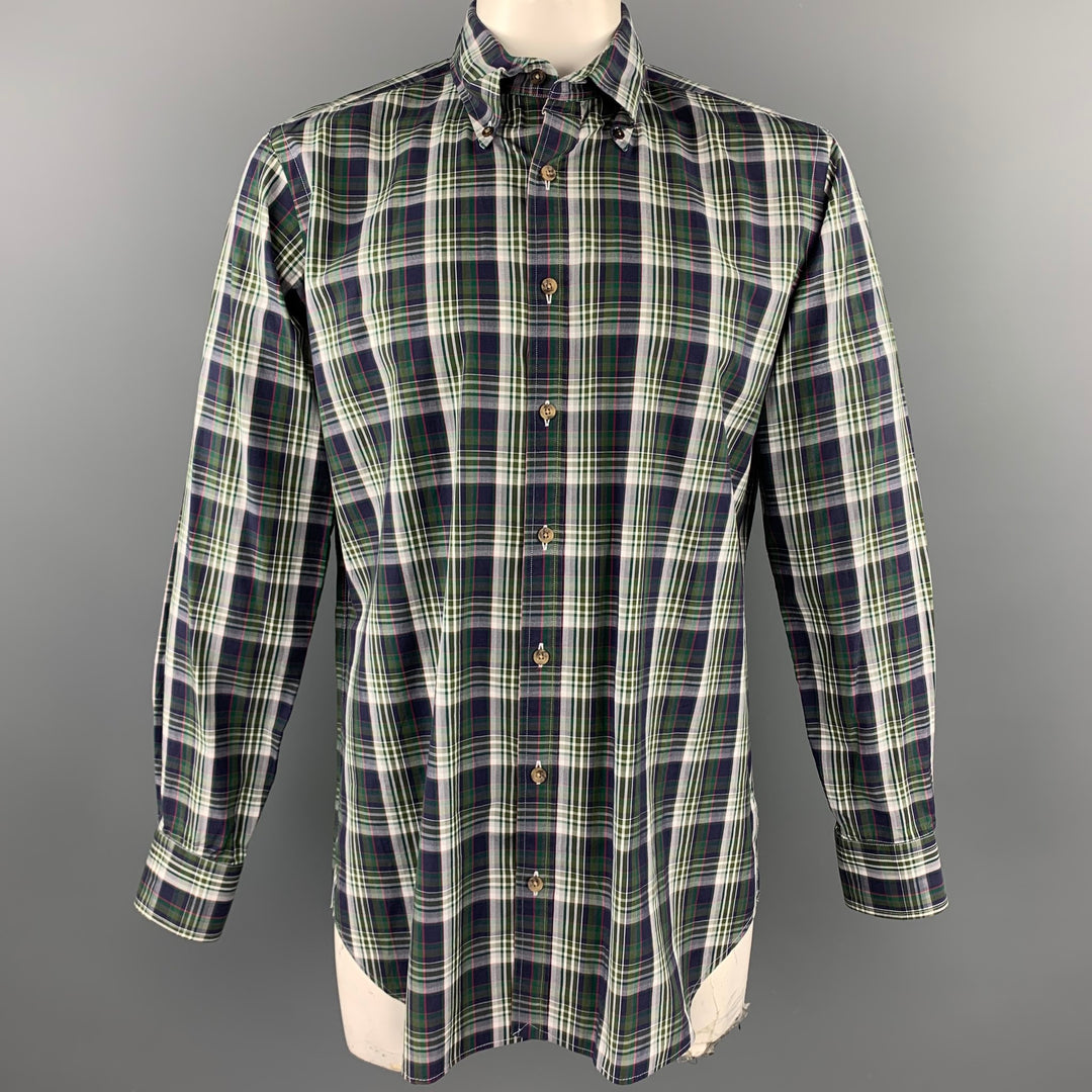 HAMILTON Talla L Camisa de manga larga con botones de algodón a cuadros verde y azul marino