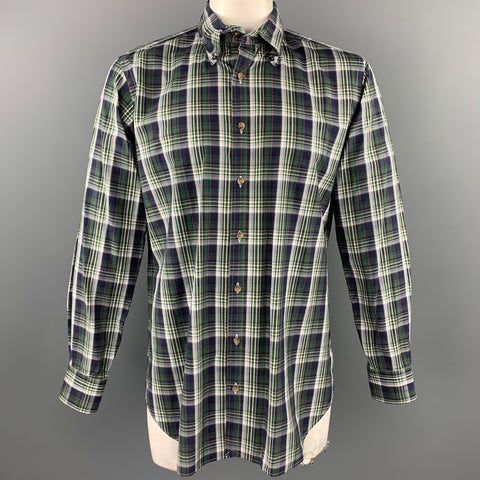 HAMILTON Size L Green & Navy Plaid Cotton Button Down Long Sleeve Shirt