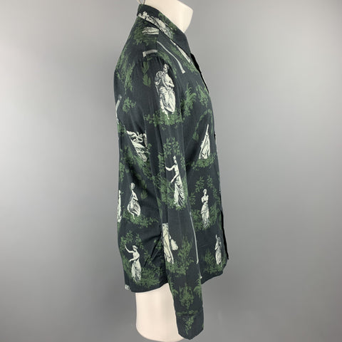 OSKLEN Size S Navy & Green Print Cotton Button Up Long Sleeve Shirt