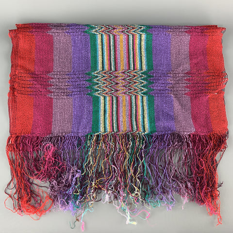 MISSONI Multi-Color Striped Viscose Pleated Knit Fringe Scarf