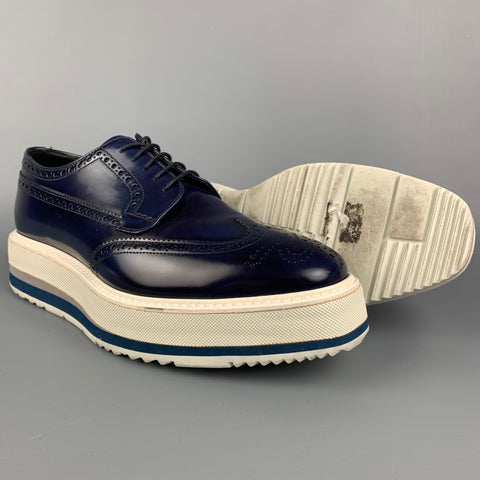 PRADA Size 6.5 Navy & White Perforated Leather Platform Lace Up Shoes