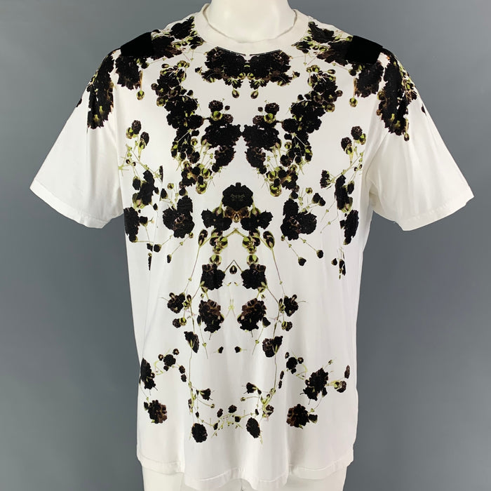 GIVENCHY SS 15 Size L White Black Floral Cotton Crew-Neck T-shirt