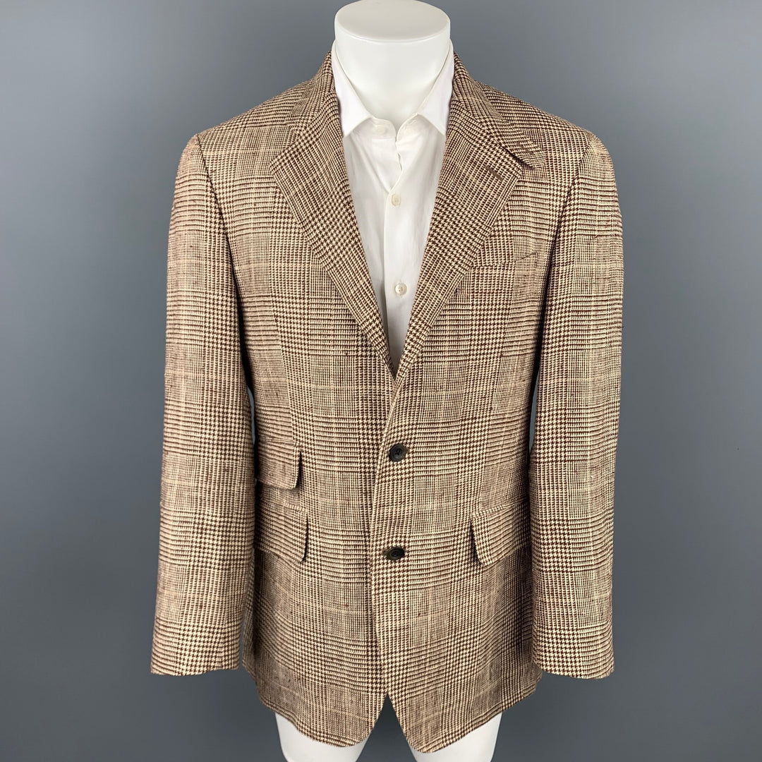 ETRO Taille 40 Manteau de sport à revers cranté en soie / lin à carreaux marron et beige