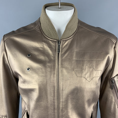 KENNETH COLE 42 Gold Metallic Leather Zip Up Vintage Bomber Style Jacket