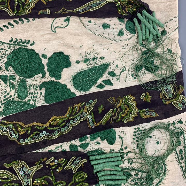 DRIES VAN NOTEN Beige Brown Green Embroidered Silk Scarf
