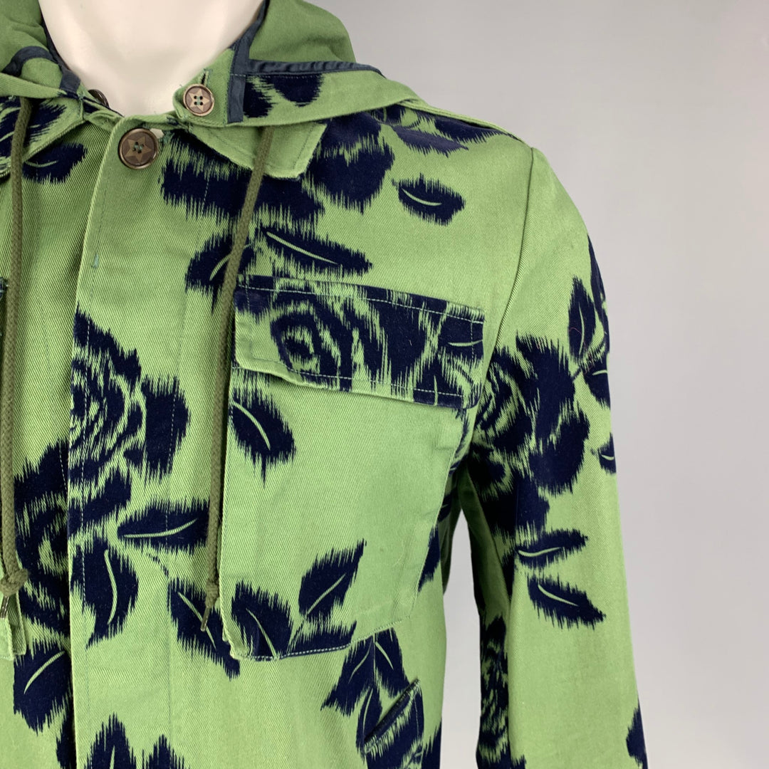 ALESSANDRINI Size M Olive Navy Velvet Floral Cotton Detachable Hood Jacket