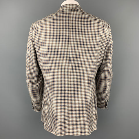 ERMENEGILDO ZEGNA Size 46 Crossover Taupe & Blue Plaid Linen Blend Notch Lapel Sport Coat